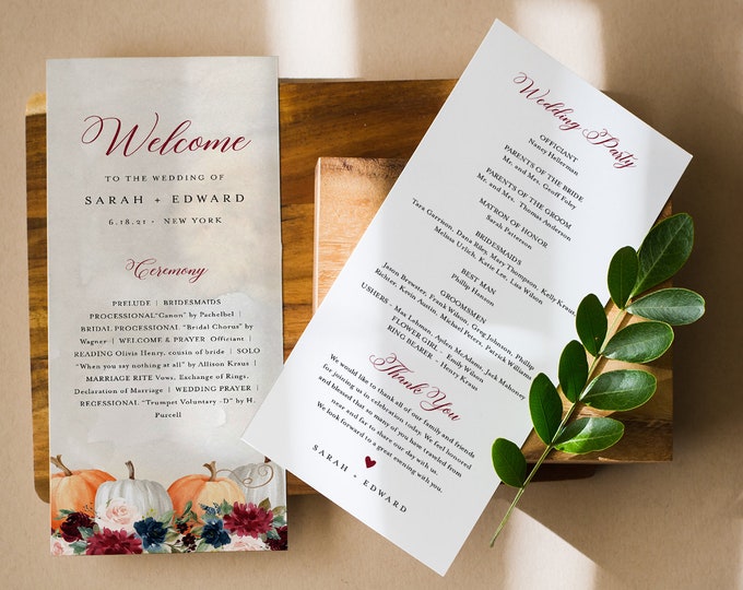 Pumpkin Wedding Program Template, Rustic Fall Order of Service, 100% Editable Text, Printable, Instant Download, Templett #072A-253WP