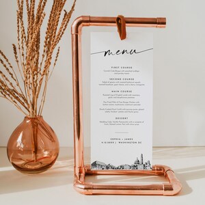 Menu de Washington DC, Cartão de menu de jantar de casamento com horizonte da cidade de DC para impressão, Modelo editável, Download instantâneo, Templett #0047-231WM