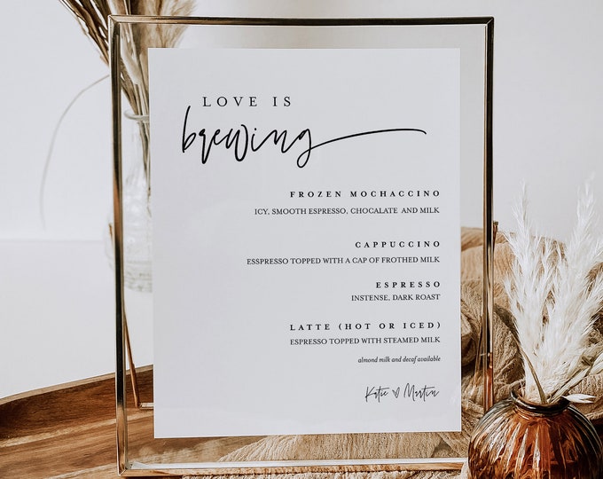 Coffee Bar Menu, Love is Brewing, Espresso, Latte, Minimalist Wedding, Editable Template, Instant Download, Templett 8x10, 18x24 #0009-101CM