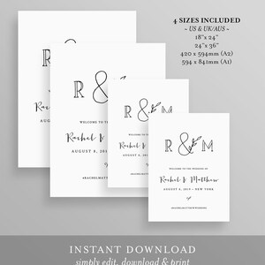 May include: Printable wedding invitation template with a simple design featuring the initials "R & M" in a script font with a small leaf design. The text "Welcome to the wedding of Rachel & Matthew" is included, along with the date "August 8, 2019" and the location "New York". The template is available in four sizes: 18" x 24", 24" x 36", 420 x 594mm (A2), and 594 x 841mm (A1).