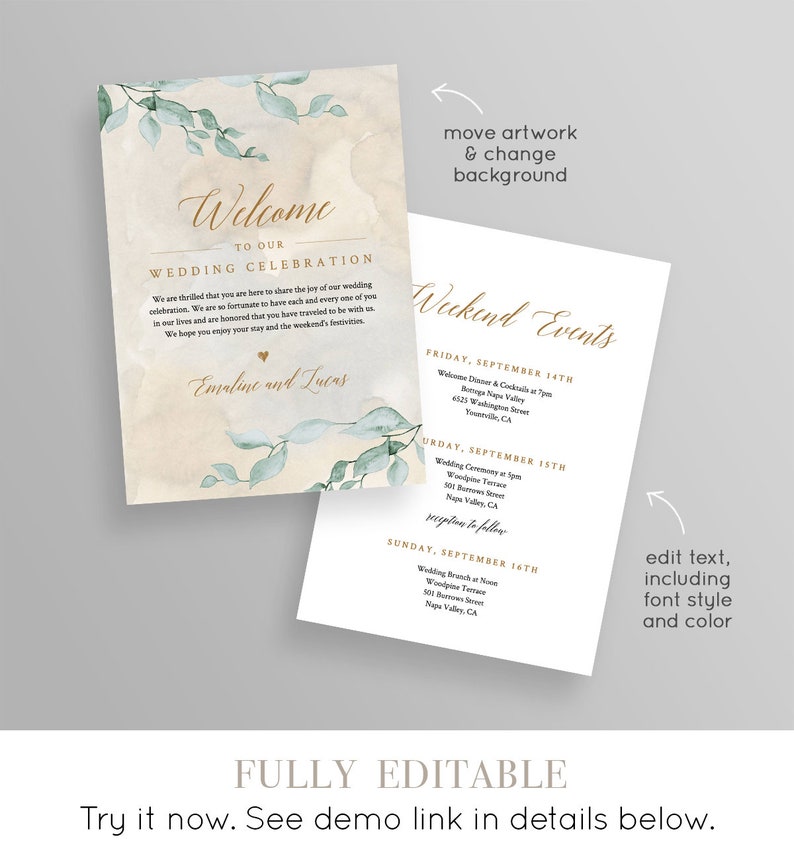 Welcome Letter and Itinerary, Wedding Agenda, Timeline of Events, Printable Welcome Bag Note, Fully Editable, INSTANT DOWNLOAD 019-109WB image 2