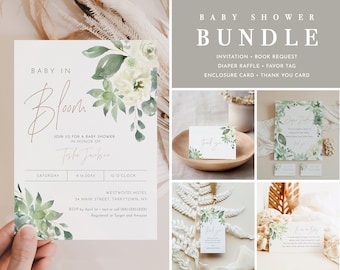May include: A baby shower invitation bundle with a watercolor floral design in shades of green and white. The bundle includes an invitation, book request card, diaper raffle ticket, favor tag, enclosure card, and thank you card. The text on the invitation reads "Baby in Bloom".
