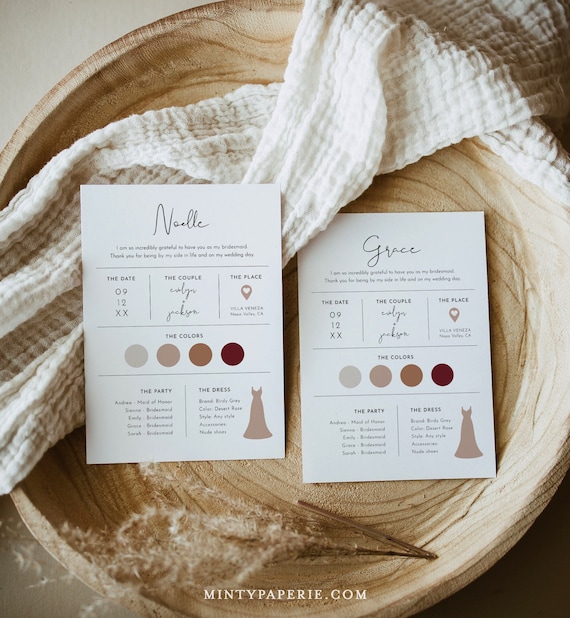 Bridesmaid Info Card Template, Bridal Party Info Card, Bridesmaid Information Card, Modern Minimalist Bridesmaid Infographic #0031-101BIC
