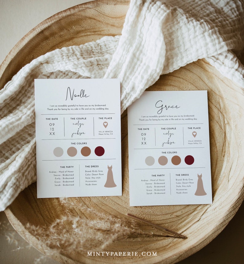 May include: Two white cards with a simple design for bridesmaids. The cards have the names "Noelle" and "Grace" at the top. The cards include the date, the couple's names, the location, and a color palette with swatches. The cards also list the names of the bridesmaids and the dress code.