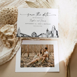 Buffalo Skyline Save the Date, bestemming bruiloft Buffalo New York trouwdatum, bewerkbare sjabloon, Templett, 5 x 7 #0047-212SD