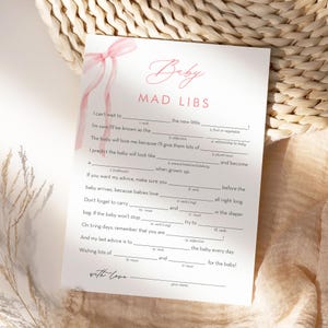 Baby Shower Mad Libs Game, Coquette Bow Mad Libs Game, Pink Ribbon, Girl Baby Shower Printable, Instant Download, Templett #0057-32BAG