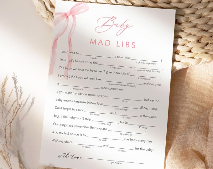 Baby Shower Mad Libs Game, Coquette Bow Mad Libs Game, Pink Ribbon, Girl Baby Shower Printable, Instant Download, Templett #0057-32BAG