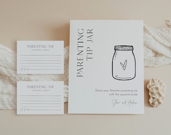 Parenting Tip Jar Sign and Advice Card, Baby Shower Advice, Editable Template, Personalize Names, Instant Download, Templett #0026B-119AC