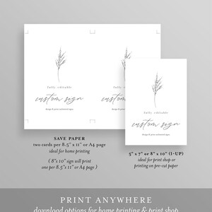 Pode incluir: Um modelo de design imprim&iacute;vel para uma placa personalizada com uma est&eacute;tica simples e minimalista. O design apresenta um delicado desenho de linha de um caule de grama e o texto "totalmente edit&aacute;vel placa personalizada". O texto "ECONOMIZAR PAPEL" tamb&eacute;m est&aacute; inclu&iacute;do, juntamente com instru&ccedil;&otilde;es para imprimir a placa em papel de 8,5 x 11 polegadas ou A4. O texto "IMPRIMIR EM QUALQUER LUGAR" tamb&eacute;m est&aacute; inclu&iacute;do, juntamente com instru&ccedil;&otilde;es para imprimir a placa em casa ou em uma loja de impress&atilde;o.