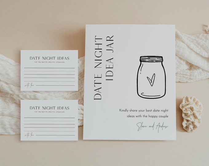 Date Night Ideas, Date Jar, Advice & Wishes Sign and Card, Bridal Shower Game, Instant, Templett, 8x10 Sign, 3.5x5 Card #0026B-118AC