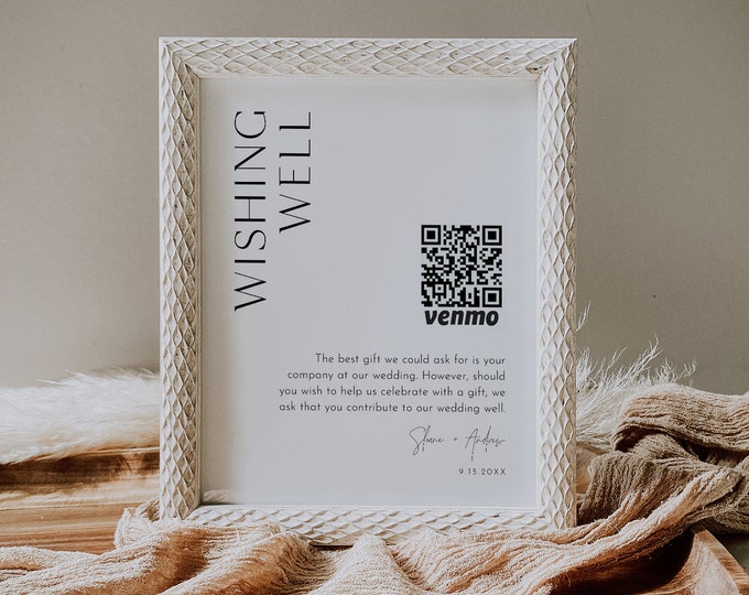 Wishing Well Sign, Honeymoon Fund Card, QR Wedding Fund Insert, Venmo Wedding Cash Gift, Editable Template, Instant, Templett #0026B-42S