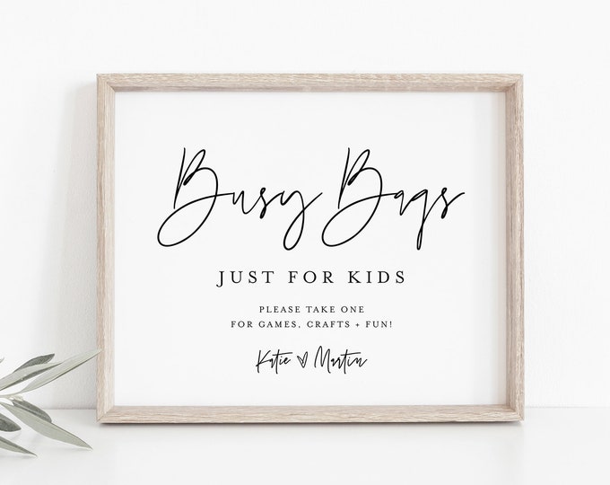 Kids Busy Bag Sign, Wedding Kids Arts and Crafts Bag, Kids Wedding Favor, 100% Editable Template, Instant Download, Templett, 8x10 #0009-73S