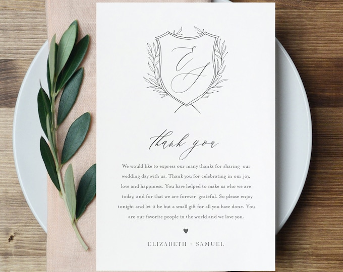 Thank You Letter Template, Wedding Crest Thank You Note, Instant Download, Printable In Lieu of Favor Card, Templett, 4x6 #0007-151TYN