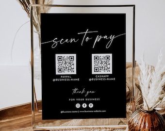 Scan to Pay Sign, Cash App,  Venmo, Paypal Sign, Business QR Code Pay Sign, Editable Template, Instant Download, Templett, 8x10 #0034B-26S