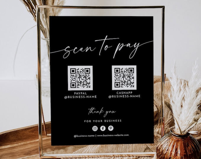 Scan to Pay Sign, Cash App,  Venmo, Paypal Sign, Business QR Code Pay Sign, Editable Template, Instant Download, Templett, 8x10 #0034B-26S