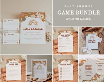Groovy Baby Game Bundle, Retro Hippie 70s Baby Shower, Editable Template, Personalize, Advice, Diaper Raffle, Instant, Templett #050-BBGB
