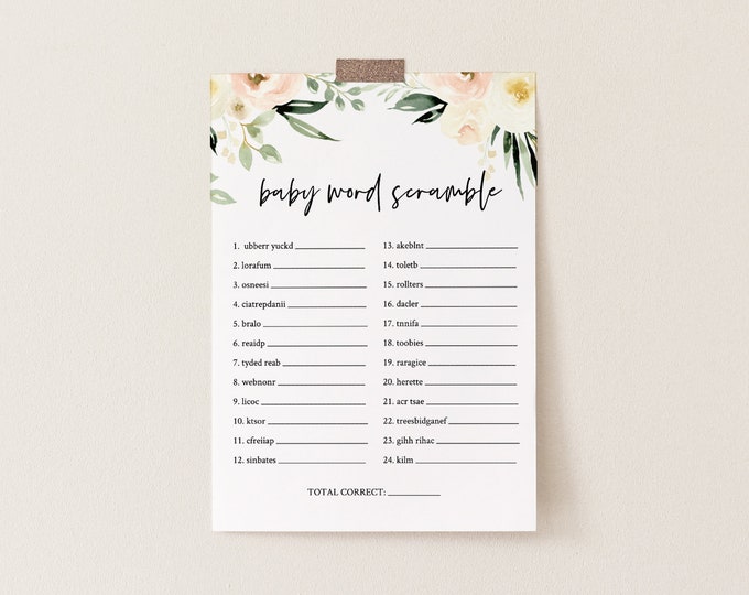 Baby Word Scramble Game, Printable Baby Word Puzzle, DIY Boho Greenery Baby Shower Game, Editable Template, INSTANT DOWNLOAD #076-151BG