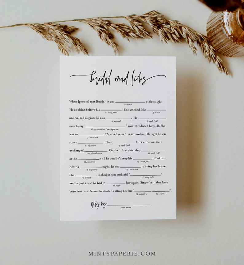 Mad Libs Bridal Shower Game Template Printable Minimalist image 1