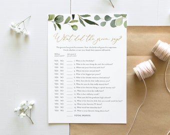 What Did the Groom Say, Bridal Shower Game, Printable Greenery Bridal Game, Editable Template, Instant Download, Templett, 5x7 #056-214BG