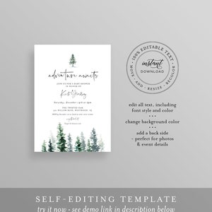 Baby Shower Invitation, Rustic Pine Tree Winter Baby Shower, Adventure Awaits, Editable Template, INSTANT DOWNLOAD, Templett 073-133BA image 5