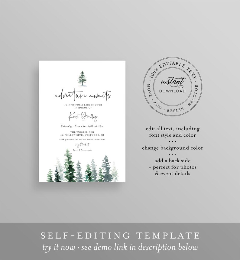 Baby Shower Invitation, Rustic Pine Tree Winter Baby Shower, Adventure Awaits, Editable Template, INSTANT DOWNLOAD, Templett 073-133BA image 5