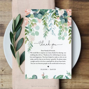 Carta de agradecimiento de boda, Nota de servilleta, Plantilla de tarjeta en lugar de favores, Menú de boda Gracias, Boho Garden, DESCARGA INSTANTE #068A-114TYN