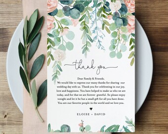 Wedding Thank You Letter, Napkin Note, In Lieu of Favors Card Template, Wedding Menu Thank You, Boho Garden, INSTANT DOWNLOAD #068A-114TYN