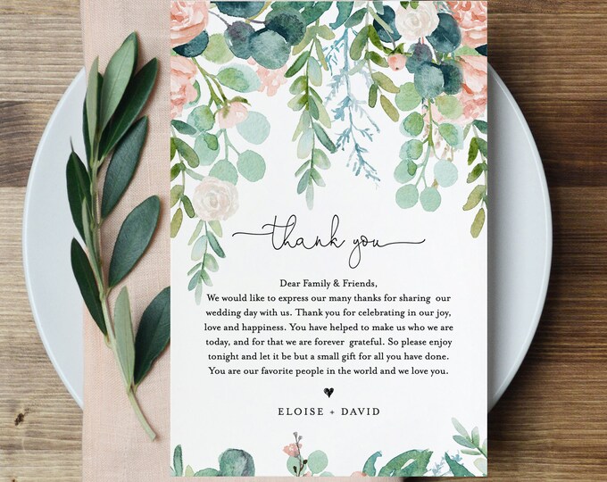 Wedding Thank You Letter, Napkin Note, In Lieu of Favors Card Template, Wedding Menu Thank You, Boho Garden, INSTANT DOWNLOAD #068A-114TYN