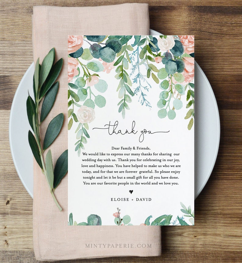 May include: A thank you card with a floral design in shades of green, pink, and white. The card reads "thank you" and includes a message thanking guests for attending a wedding. The card is signed "Eloise + David".