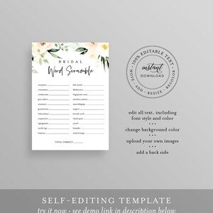 May include: A printable bridal word scramble game with a floral design. The game includes a list of words to unscramble and a space to write the answers. The text on the card says "BRIDAL Word Scramble".