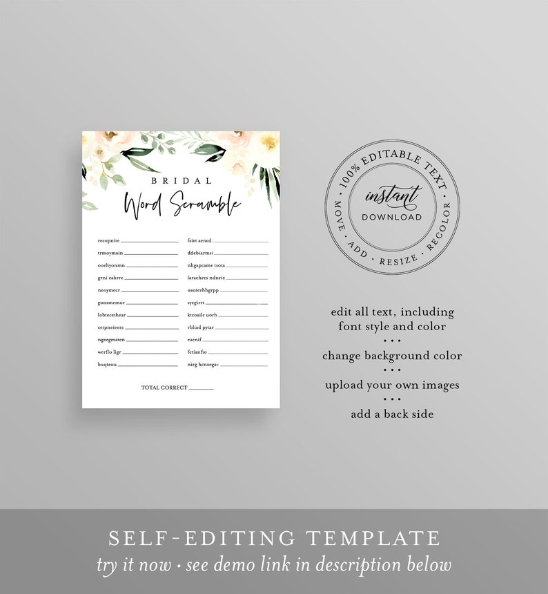 May include: A printable bridal word scramble game with a floral design. The game includes a list of words to unscramble and a space to write the answers. The text on the card says "BRIDAL Word Scramble".