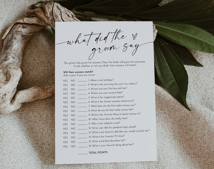 What Did the Groom Say, Minimalist Bridal Shower Game, Printable Bridal Game, Editable Template, Instant Download, Templett 5x7 #0034-08BRG