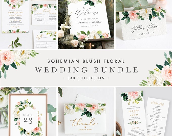 Wedding Bundle, Boho Blush Floral & Greenery Invitation Suite, Editable Templates, DIY, Instant Download, Templett #043-BUNDLE