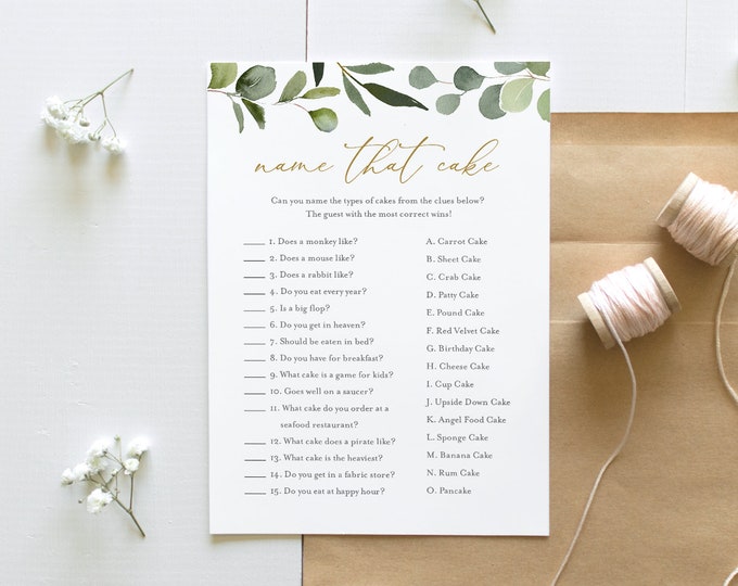 Name That Cake Bridal Shower Game, Printable Greenery and Gold Bridal Game, Instant Download, Editable Template, Templett, 5x7 #056-223BG