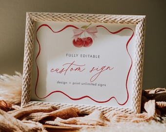 Cherry Custom Sign Template, Coquette Bow Wedding, Bridal Shower, Baby Shower, Unlimited Signs, Instant Download, Templett #0056-224CS