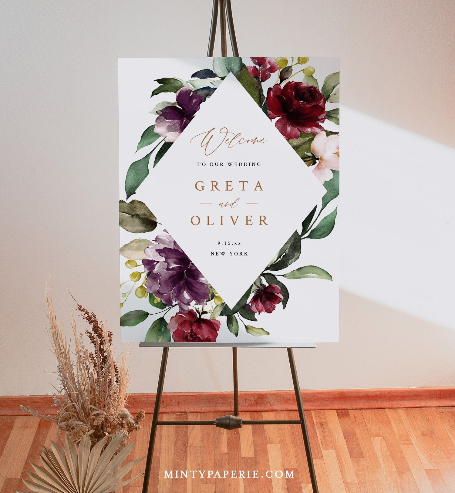  Editable Burgundy Floral Wedding Welcome Sign