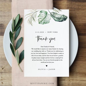 Carta de agradecimiento de boda tropical, nota de servilleta, plantilla de tarjeta en lugar de favores, menú de boda gracias, DESCARGA INSTANTE, 4x6 #087-126TYN