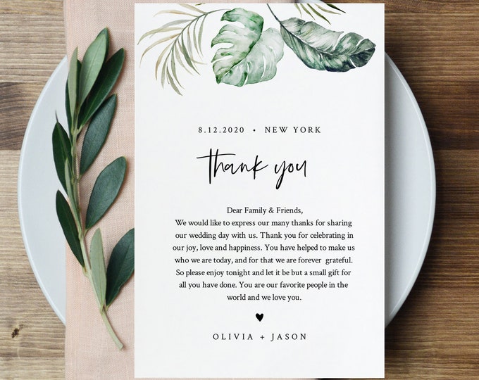 Tropical Wedding Thank You Letter, Napkin Note, In Lieu of Favors Card Template, Wedding Menu Thank You, INSTANT DOWNLOAD, 4x6 #087-126TYN