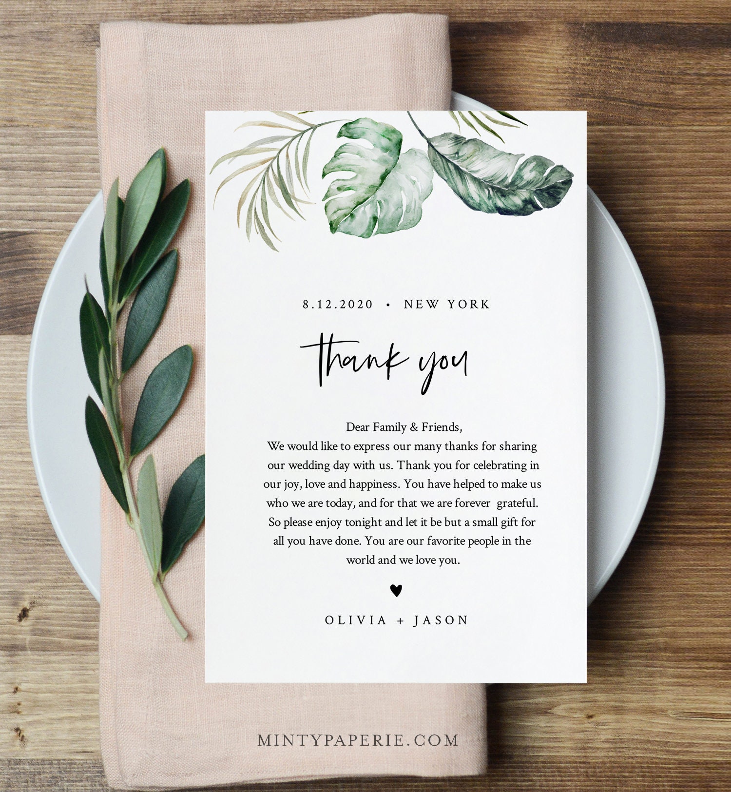 Tropical Wedding Thank You Letter Napkin Note In Lieu of Favors Card 