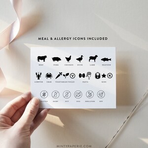 May include: A white card with black icons representing different meal types and allergy information. The icons include beef, pork, chicken, duck, lamb, seafood, lobster, crab, vegetarian/vegan, pasta, kids, gluten, dairy, nut, egg, shellfish, and soy.
