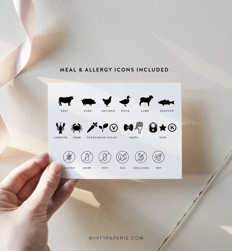 May include: A white card with black icons representing different meal types and allergy information. The icons include beef, pork, chicken, duck, lamb, seafood, lobster, crab, vegetarian/vegan, pasta, kids, gluten, dairy, nut, egg, shellfish, and soy.