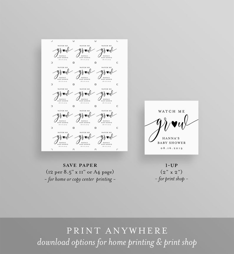 Puede incluir: Dise&ntilde;o de invitaci&oacute;n para baby shower en blanco y negro con el texto "Watch Me Grow" en escritura elegante. Incluye opciones para impresi&oacute;n en casa y en imprenta, con medidas de 5,08 cm x 5,08 cm y p&aacute;ginas A4.