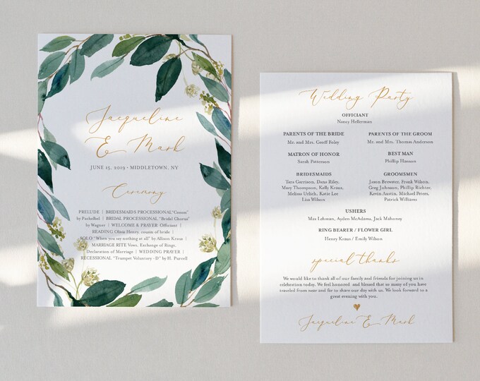 Fan or Flat Wedding Program Template, Instant Download, Printable Order of Service, Editable, Watercolor Winter Greenery, DIY #044-408WP