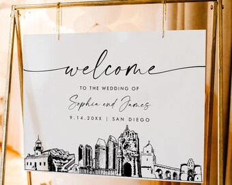 San Diego Welcome Sign, Cityscape Skyline Wedding Sign, Printable Instant Download, Editable Template, Templett, 18x24, 24x36 #0047-353LS