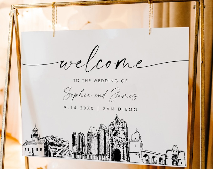 San Diego Welcome Sign, Cityscape Skyline Wedding Sign, Printable Instant Download, Editable Template, Templett, 18x24, 24x36 #0047-353LS