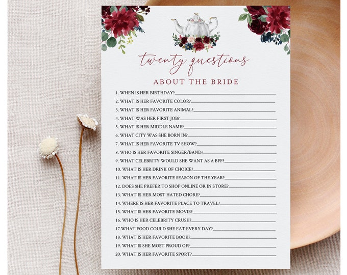 20 Questions About the Bride, Tea Party Bridal Shower Game, How Well Do You Know the Bride, Editable, Instant Download, Templett #085B-248BG