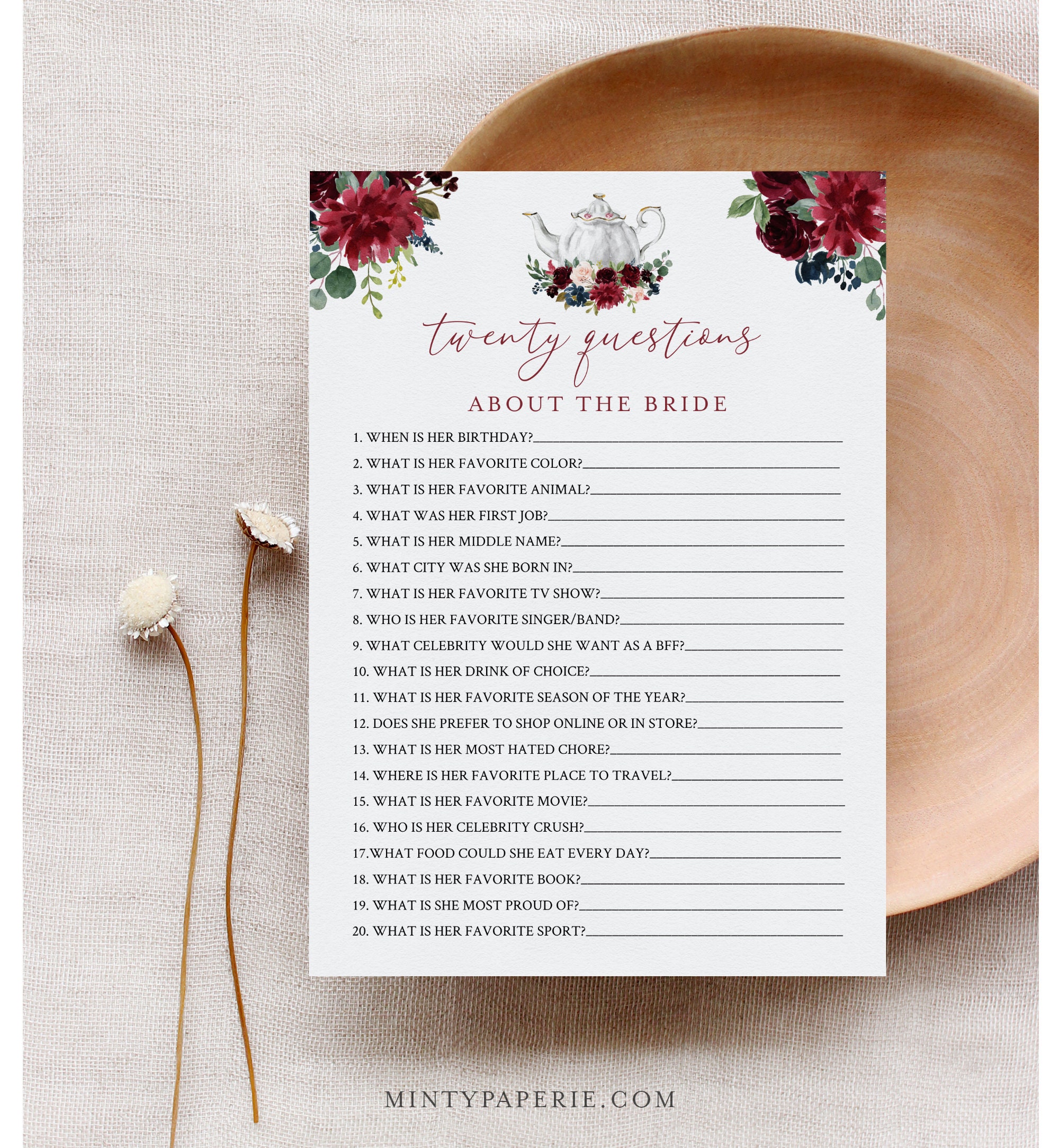 20 Questions Bridal Shower Game 