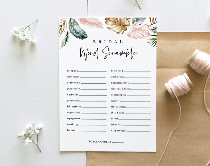 Tropical Word Scramble Bridal Shower Game Template, Printable Beach Bridal Shower Puzzle, Instant Download, Templett #087-307BG