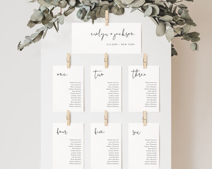 Seating Chart Template, Modern Minimalist Wedding Seating Plan, Hanging Cards, 100% Editable, Instant Download, Digital, Templett 0031-148SP