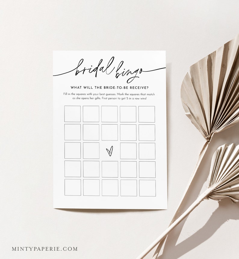 May include: A printable bridal bingo card with the text "bridal bingo" and "What will the bride-to-be receive?" Fill in the squares with your best guesses. Mark the squares that match as she opens her gifts. First person to get 5 in a row wins!"